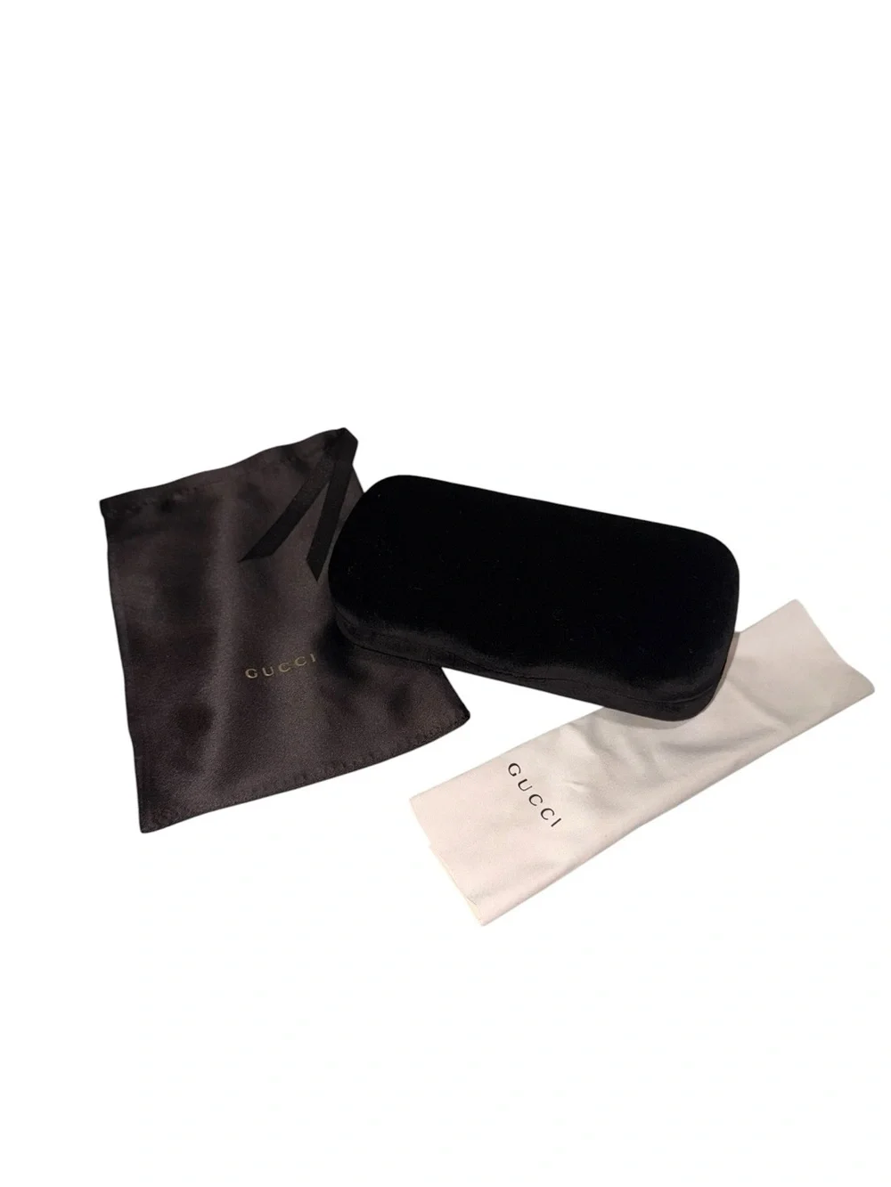 Gucci Black Velvet Eyewear Case with Gold Logo, Dust Pouch, Gucci Cleaning Cloth